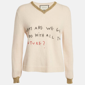 Gucci Beige Embroidered Lurex Trim Wool Knit V-Neck Sweater S