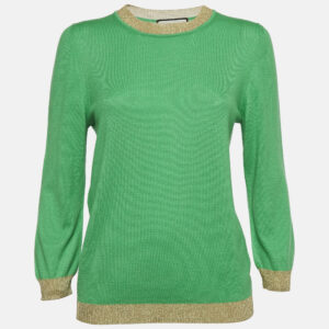 Gucci Green Lurex Trim Cashmere Knit Long Sleeve Top L