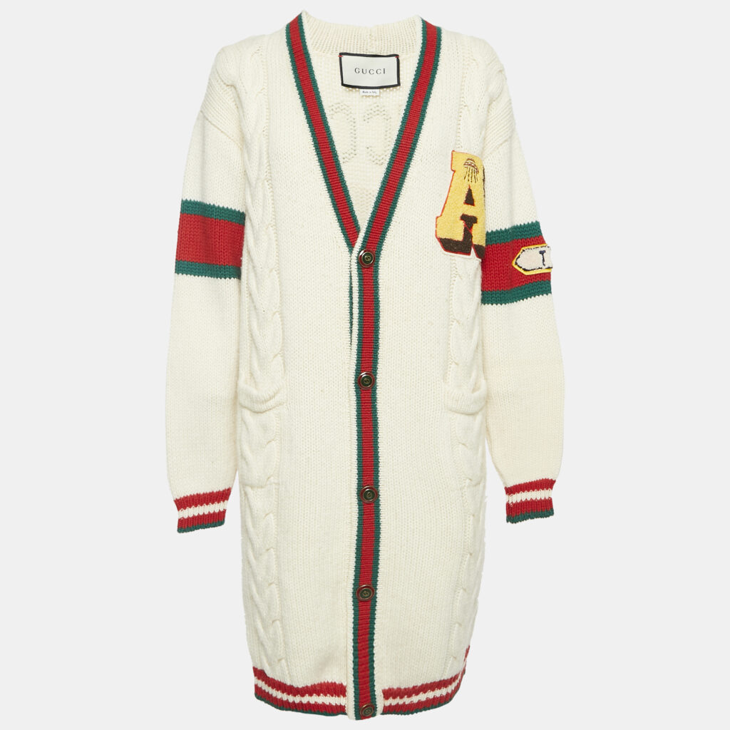luxury-women-gucci-used-clothes-p1142738-007 Gucci Cream Cable Knit Web Trim Applique Detail Cardigan M