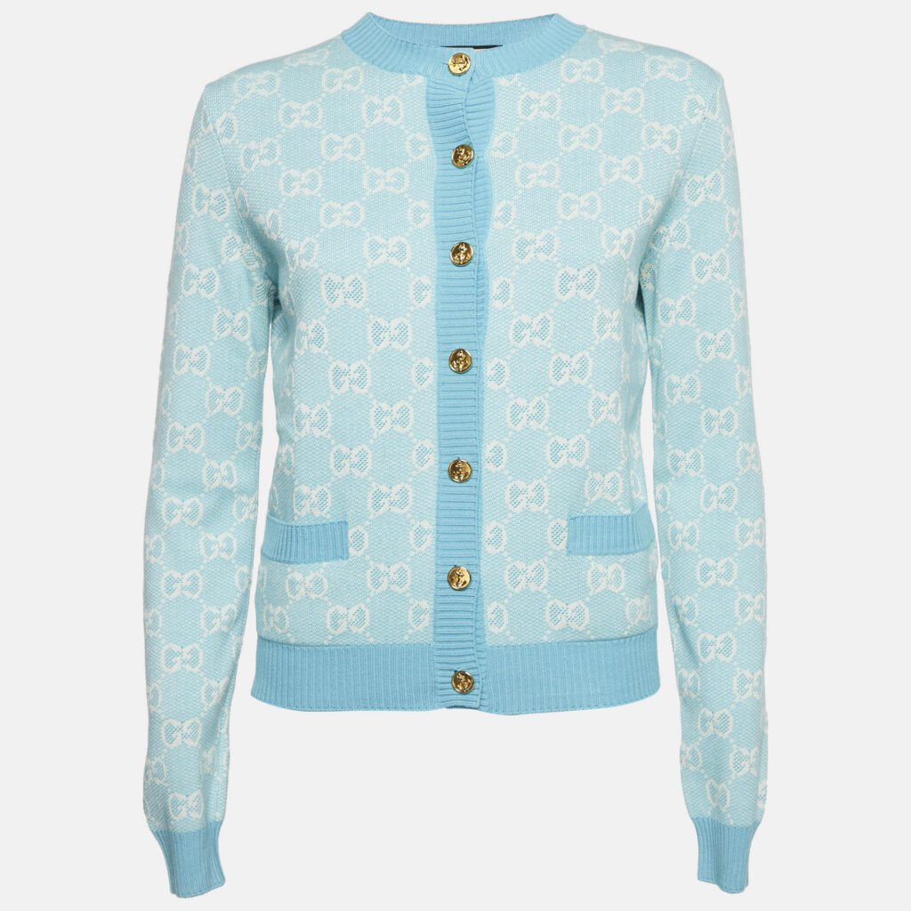 luxury-women-gucci-used-clothes-p1142867-001 Gucci Blue Monogram Jacquard Cotton and Wool Knit Button Front Cardigan XS