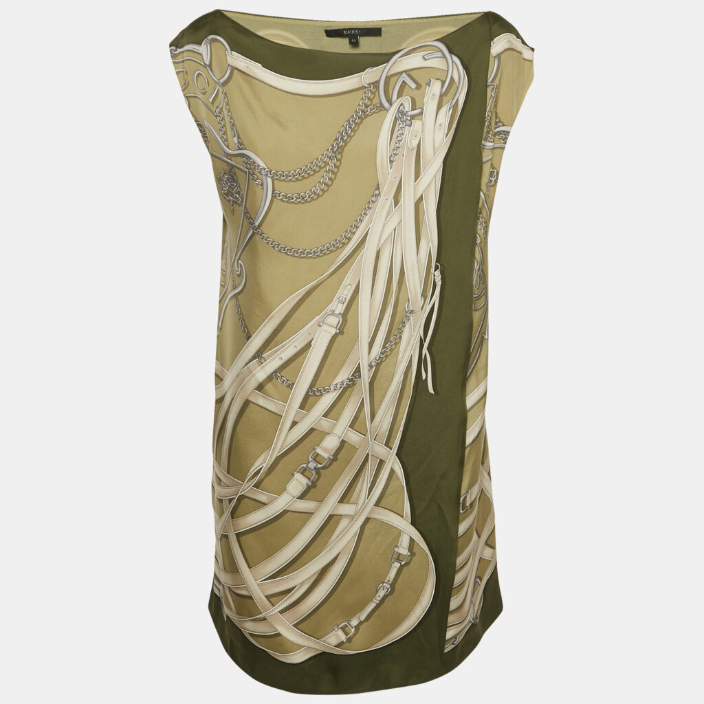 luxury-women-gucci-used-clothes-p1146211-001 Gucci Green Equestrian Print Silk Mini Wrap Dress M