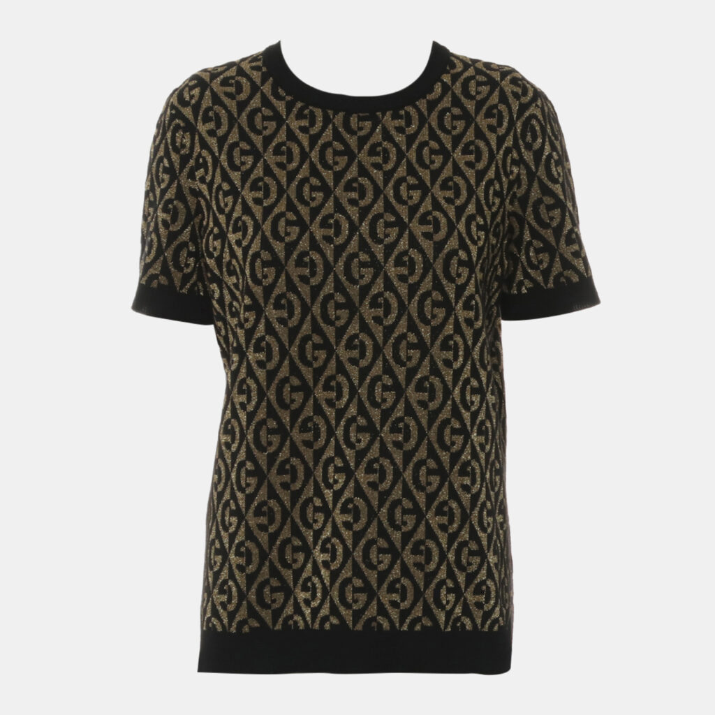 luxury-women-gucci-used-clothes-p1147257-001 Gucci Black Knit Fabric GG Pattern Short-Sleeve Top L