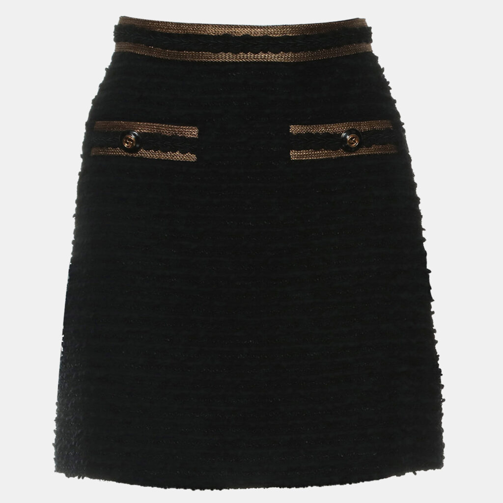 luxury-women-gucci-used-clothes-p1147351-001 Gucci Black & Gold Wool Tweed GG Logo Button Mini Skirt IT Women 36