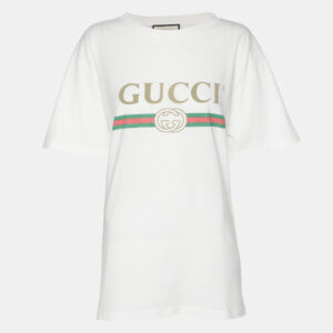 Gucci White Vintage Logo Print Jersey Distressed T-Shirt S
