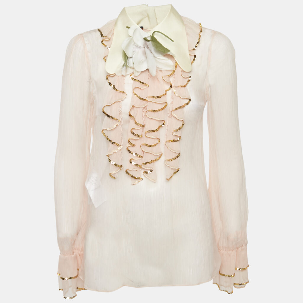 luxury-women-gucci-used-clothes-p1161435-006 Gucci Pink Sequin Ruffled Silk Floral Detail Sheer Shirt M