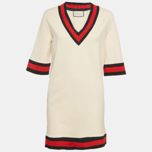 Gucci Cream Jersey Grosgrain-Trim Mini Dress M