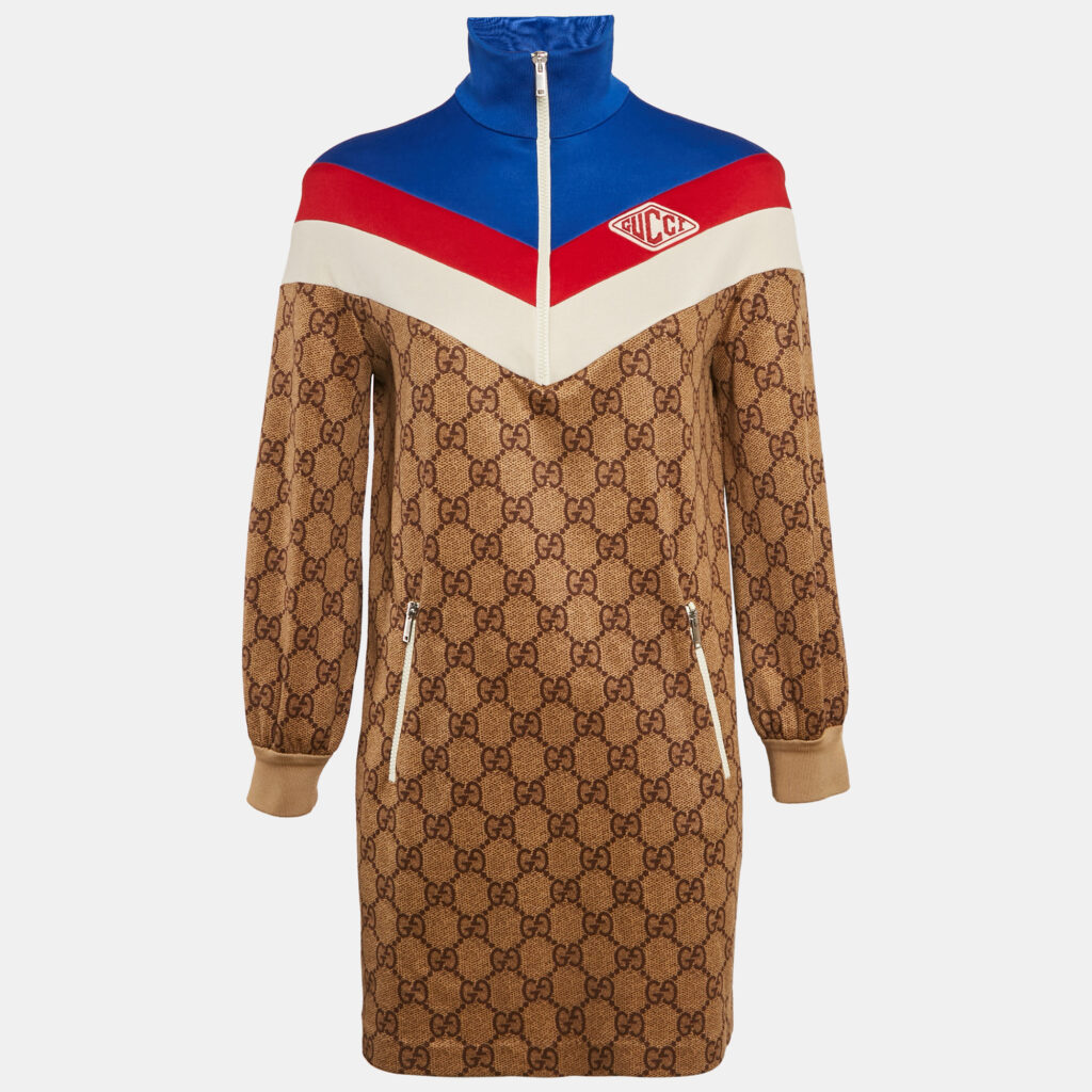 luxury-women-gucci-used-clothes-p1164959-001 Gucci Brown GG Monogram Print Technical Jersey Web Detail Mini Dress XS