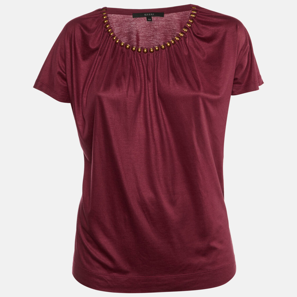 luxury-women-gucci-used-clothes-p1169148-001 Gucci Burgundy Jersey Beaded Neck Top XS