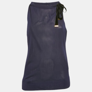 Gucci Navy Blue Jersey Tie-Up Neck Detail Top M