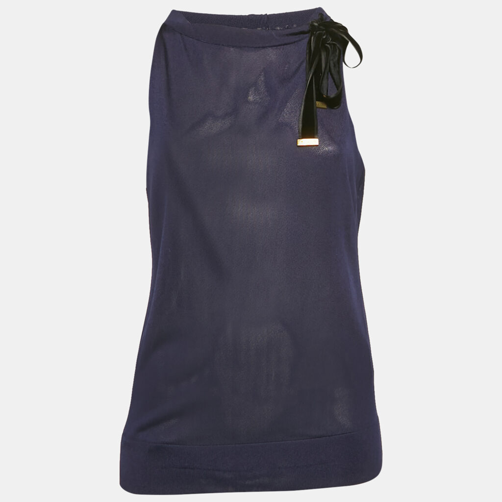 luxury-women-gucci-used-clothes-p1169439-008 Gucci Navy Blue Jersey Tie-Up Neck Detail Top M