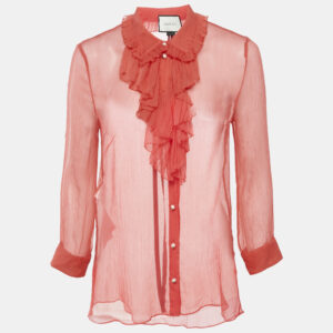 Gucci Pink Silk Chiffon Ruffle Neck Detail Button Front Sheer Top M