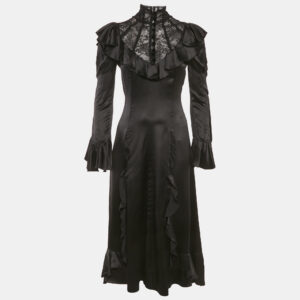 Gucci Black Lace Trim Satin Ruffled Midi Dress S