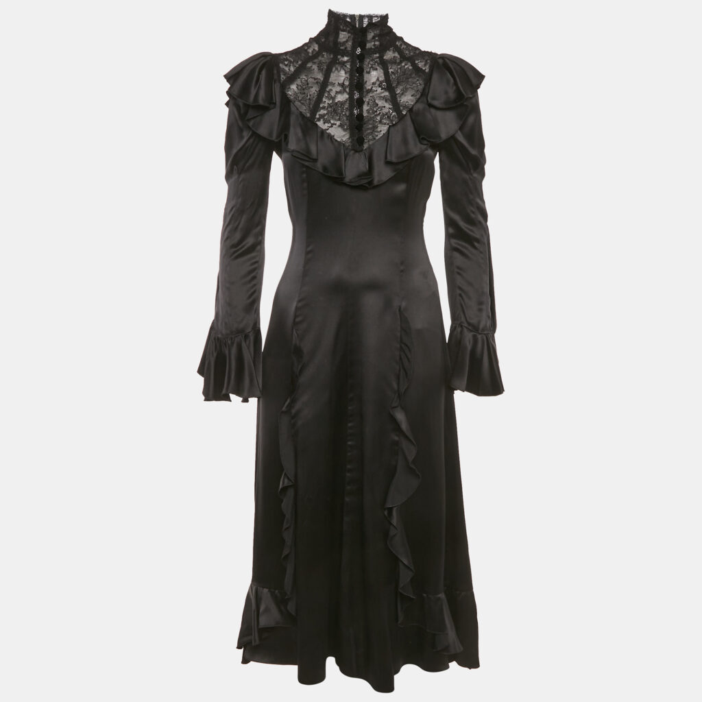 luxury-women-gucci-used-clothes-p1170671-003 Gucci Black Lace Trim Satin Ruffled Midi Dress S