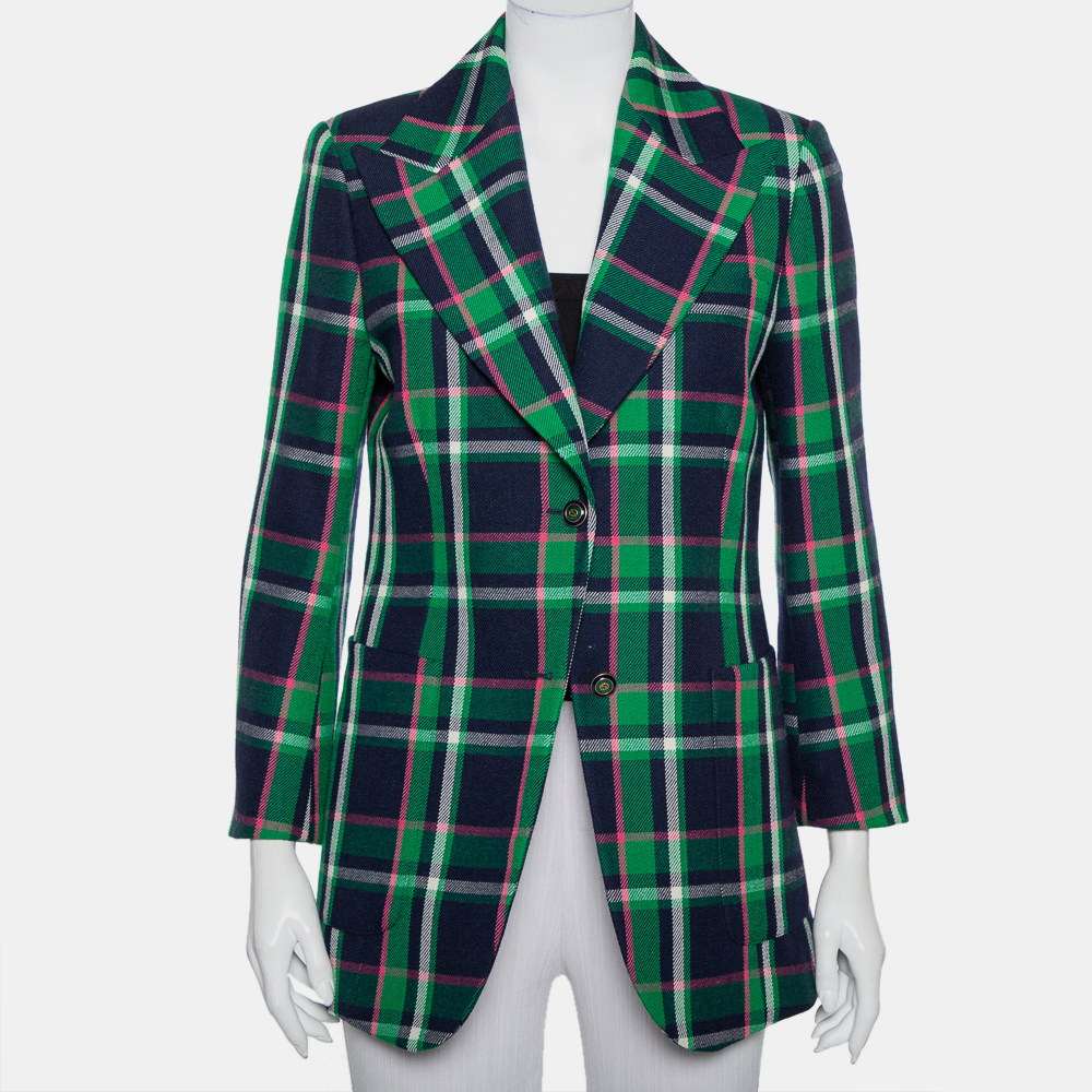 luxury-women-gucci-used-clothes-p421060-009 Gucci Multicolor Checkered Wool Tiger Applique Detail Button Front Blazer M