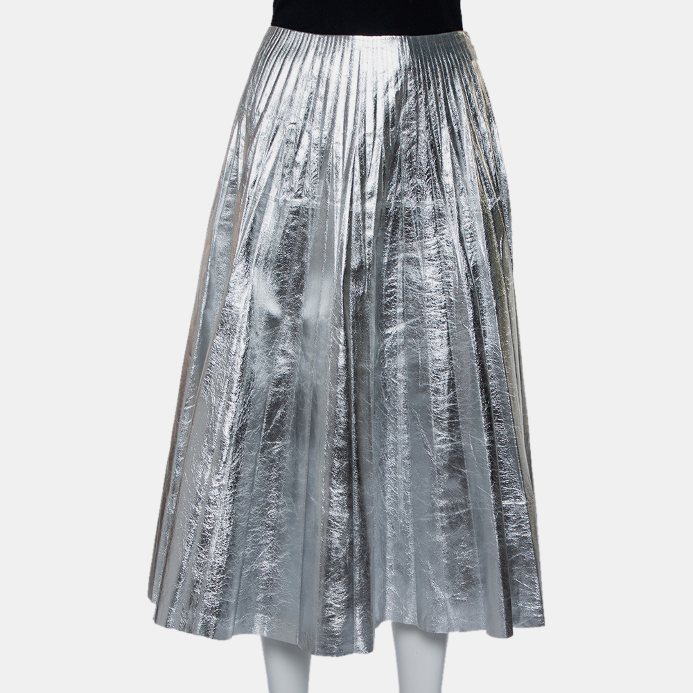 luxury-women-gucci-used-clothes-p423165-010 Gucci Metallic Silver Leather Pleated Midi Skirt S