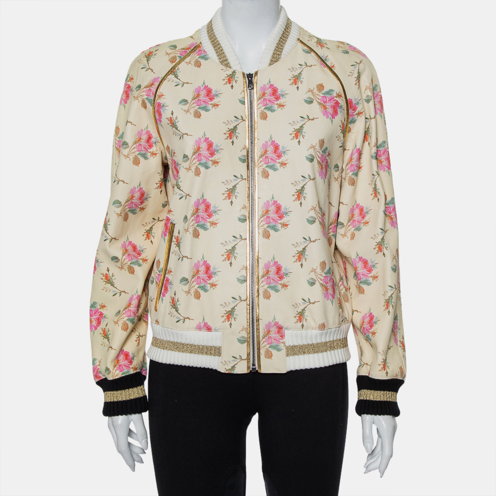 luxury-women-gucci-used-clothes-p423532-009 Gucci Cream Floral Printed Leather Contrast Trim Detail Bomber Jacket L