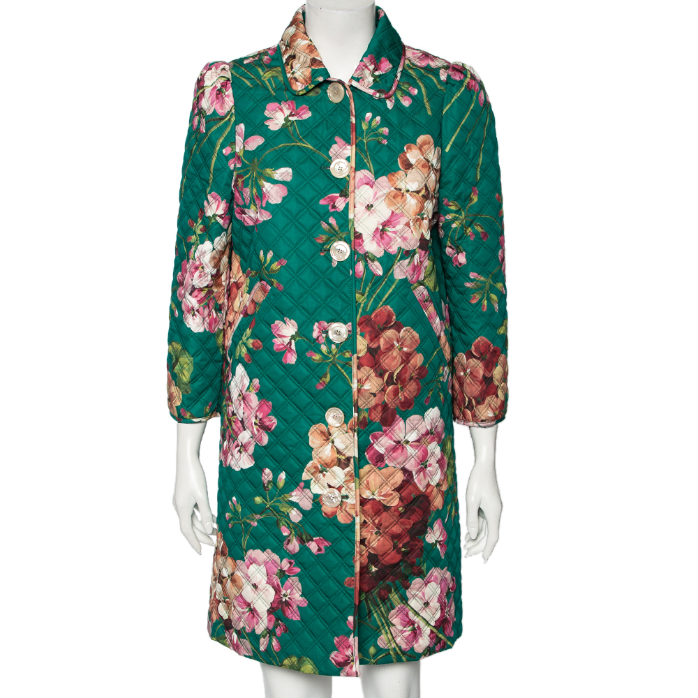 luxury-women-gucci-used-clothes-p560595-010-2 Gucci Green Floral Printed Quilted Cotton Button Front Coat M
