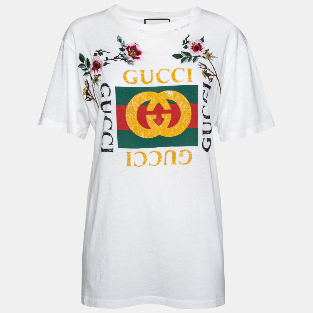 luxury-women-gucci-used-clothes-p631262-001-2 Gucci White Logo Printed & Embroidered Cotton Distressed T-Shirt XS