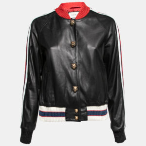 Gucci Black Leather Hollywood Embroidered Bomber Jacket M