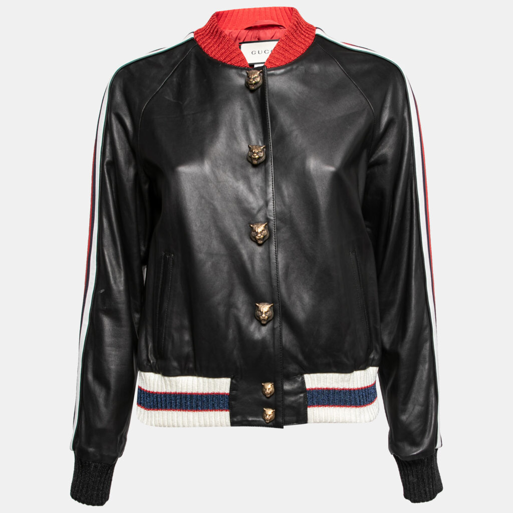 luxury-women-gucci-used-clothes-p642030-001-2 Gucci Black Leather Hollywood Embroidered Bomber Jacket M