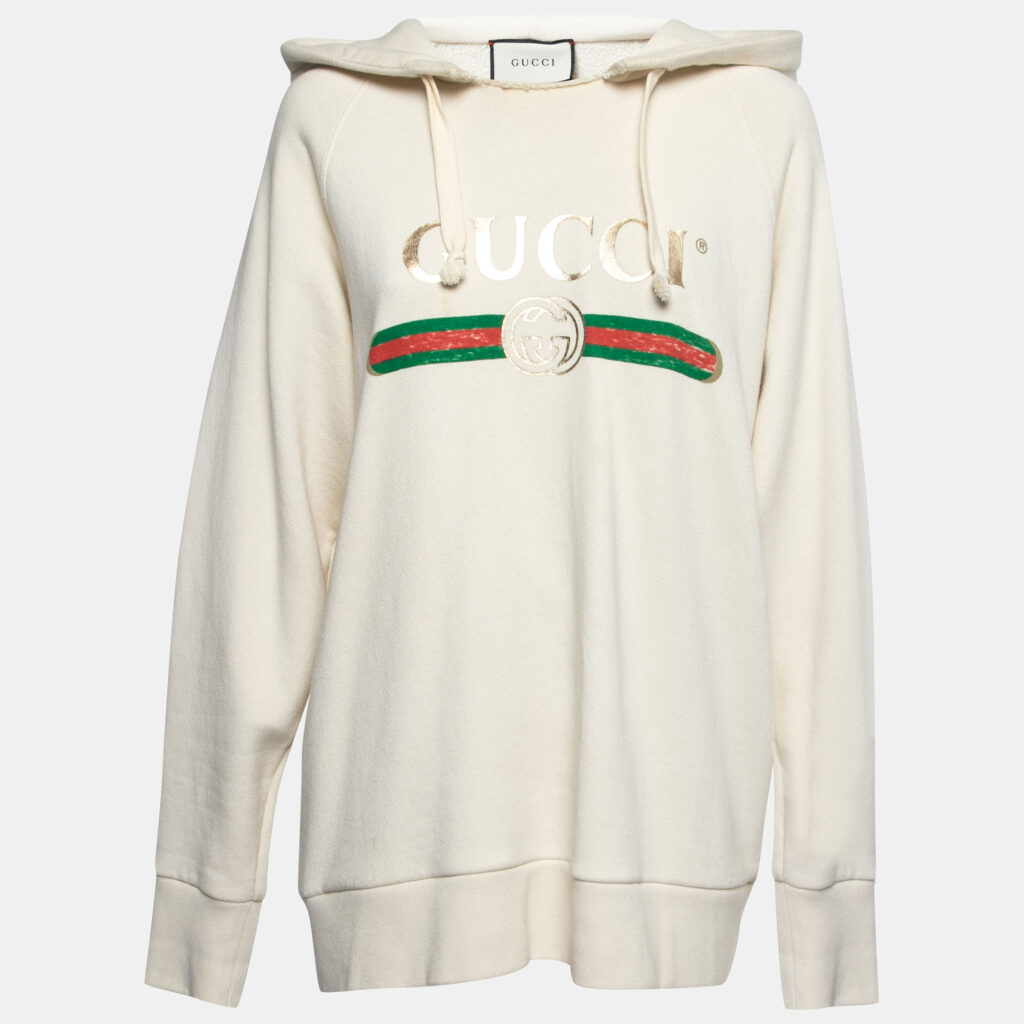 luxury-women-gucci-used-clothes-p757087-001 Gucci Cream Cotton Blind for Love Dogs Embroidered Hooded Sweatshirt M