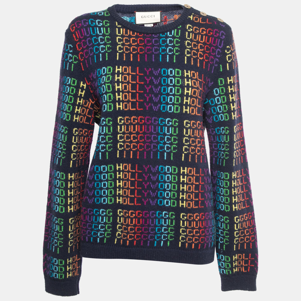 luxury-women-gucci-used-clothes-p757419-001 Gucci Navy Blue Multicolor Hollywood Patterned Wool Sweater M