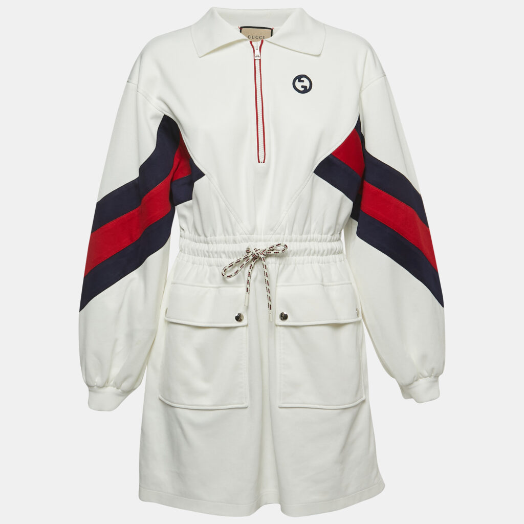 luxury-women-gucci-used-clothes-p888676-002 Gucci White Knit Interlocking G Web Detailed Mini Polo Dress M