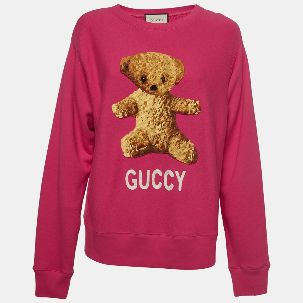 luxury-women-gucci-used-clothes-p917803-001 Gucci Pink Cotton Knit Embroidered Teddy Sweatshirt M