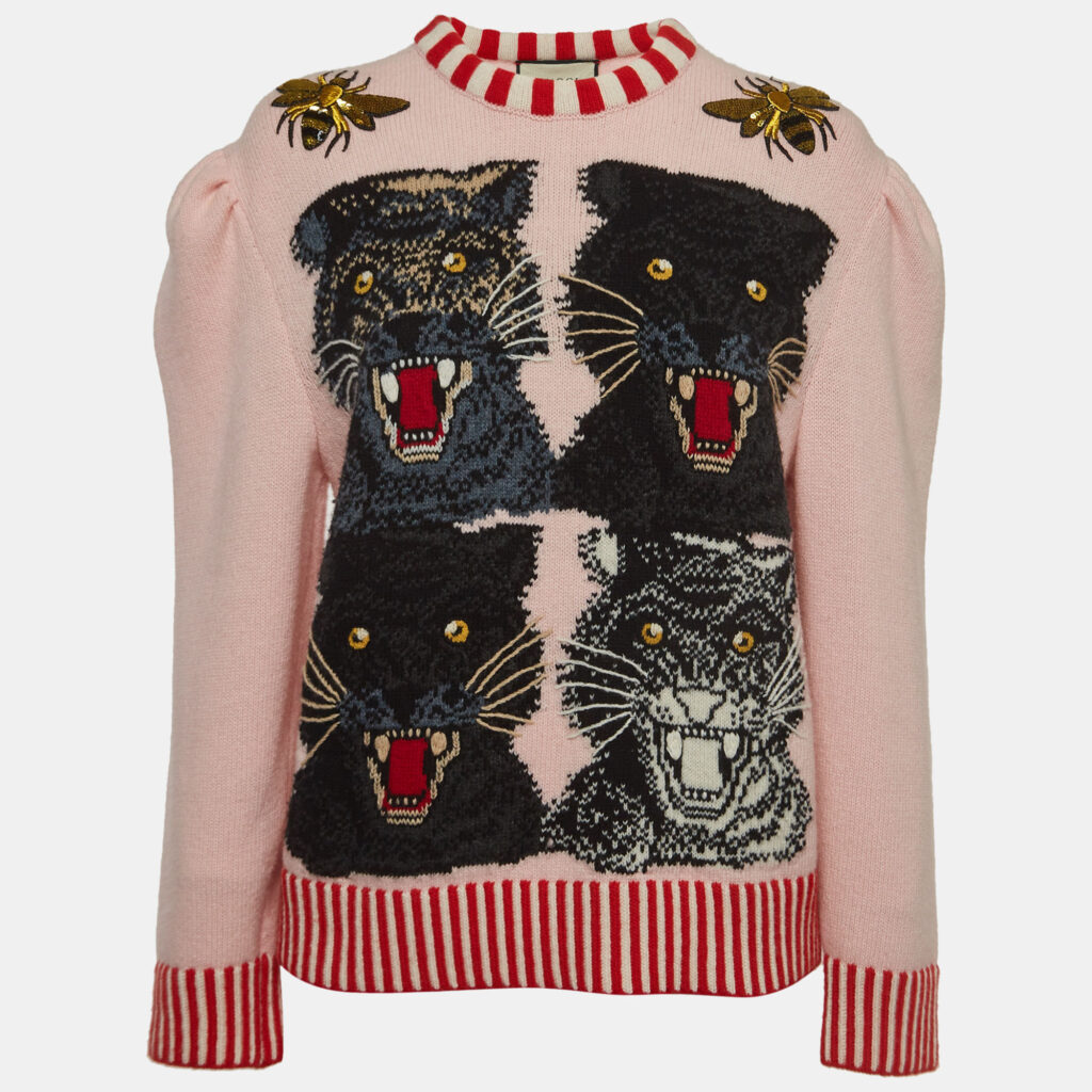 luxury-women-gucci-used-clothes-p917805-001 Gucci Pink Wool Tiger Intarsia Embellished Sweater M
