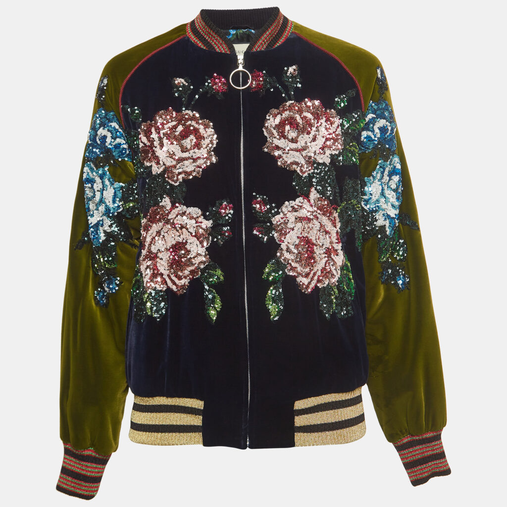luxury-women-gucci-used-clothes-p917824-003 Gucci Navy Blue/Green Floral Sequined Bomber Jacket M