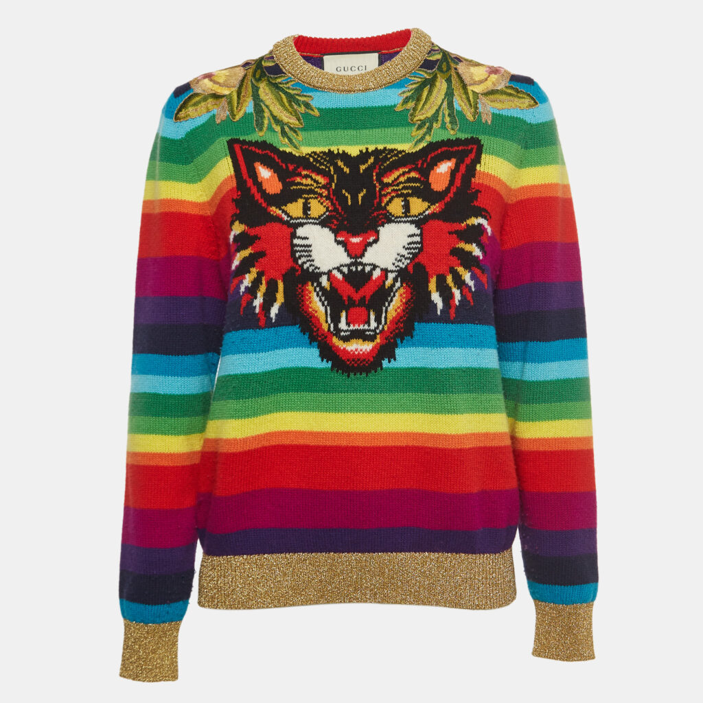 luxury-women-gucci-used-clothes-p917826-002 Gucci Multicolor Striped Wool Embroidered Sweater M