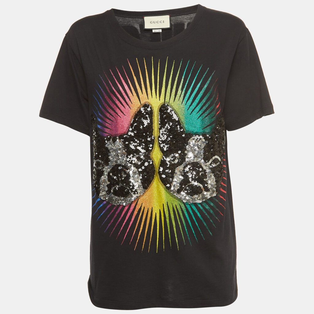 luxury-women-gucci-used-clothes-p918069-004 Gucci Black Cotton Sequined Dog Print T-Shirt XS