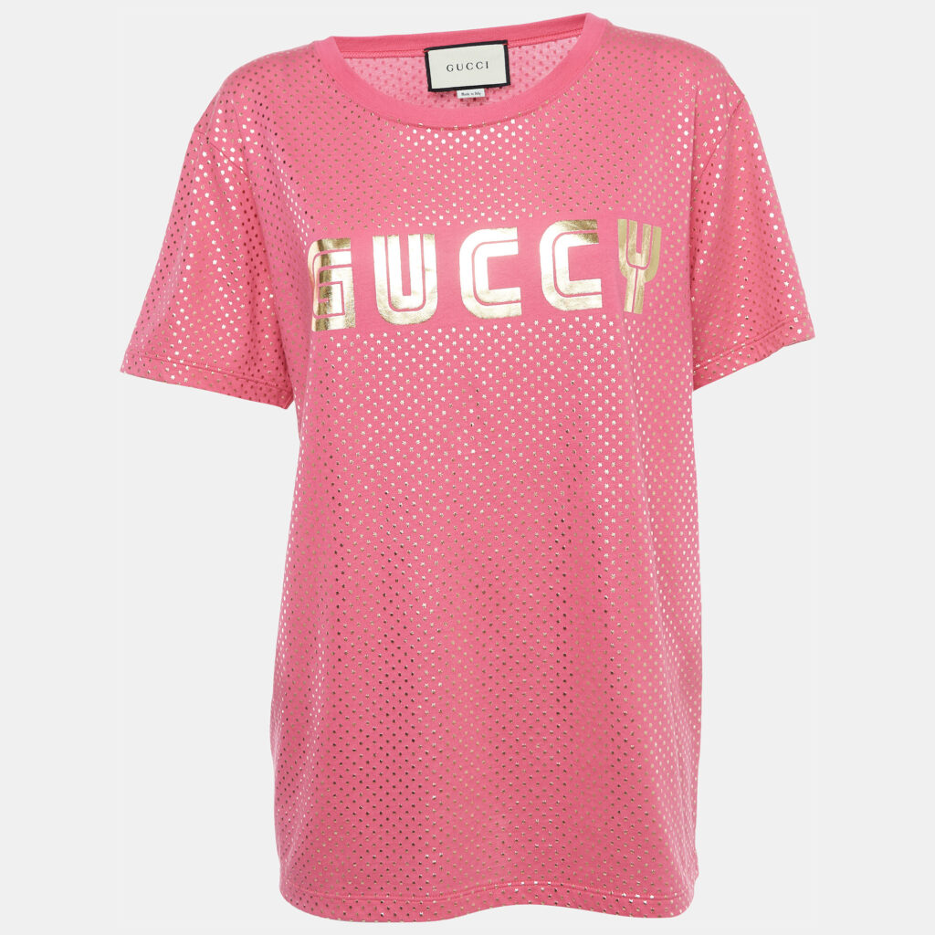 luxury-women-gucci-used-clothes-p918092-002 Gucci Pink Logo Printed Cotton Oversized T-Shirt S