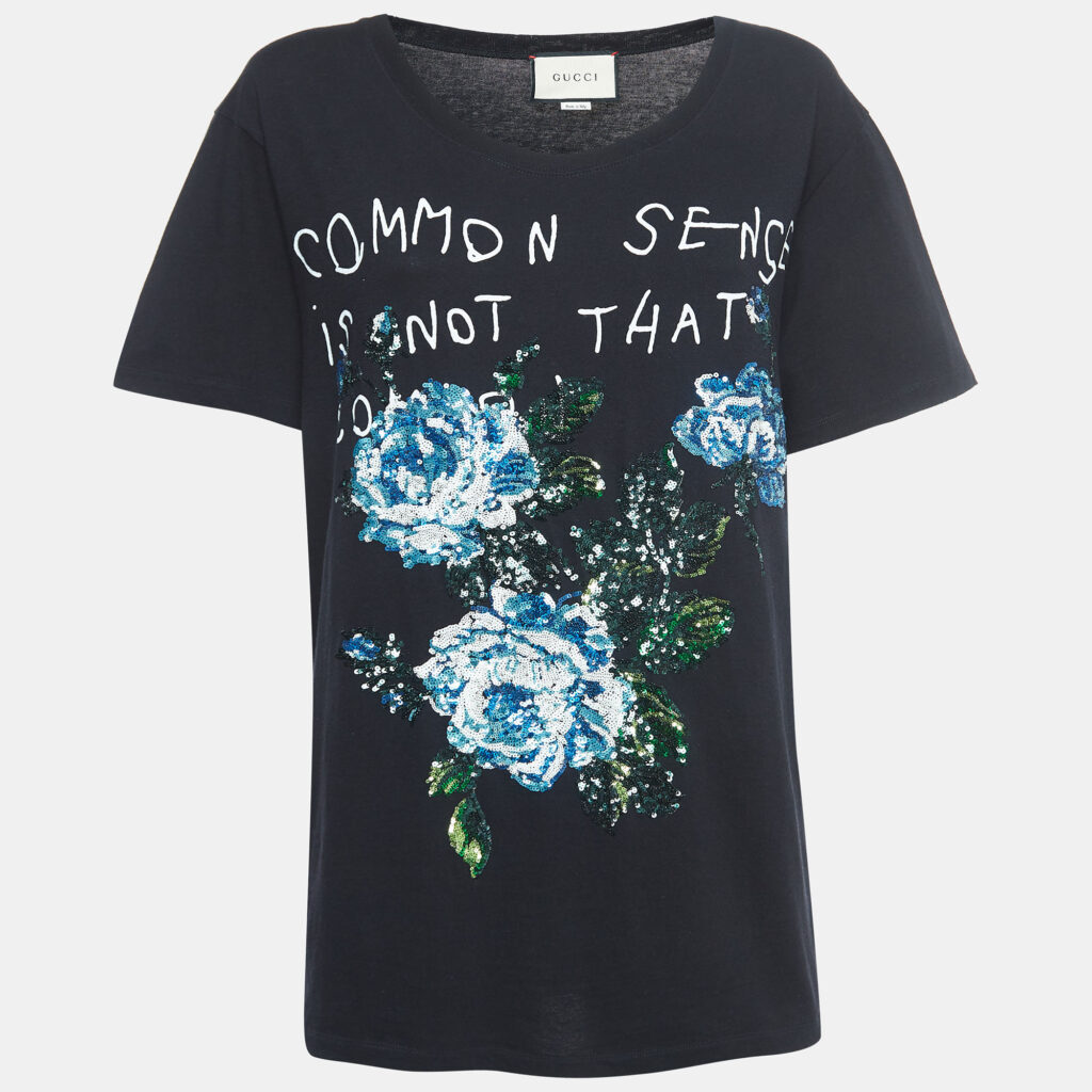 luxury-women-gucci-used-clothes-p918700-001 Gucci Black Sequined Embroidered Cotton T-Shirt S