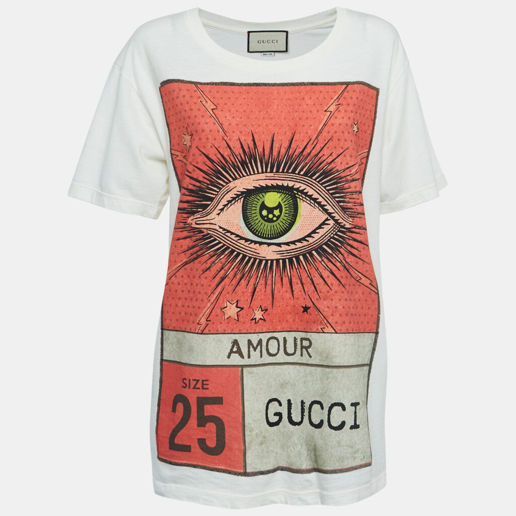 luxury-women-gucci-used-clothes-p918728-001 Gucci Off White Graphic Print Cotton T-Shirt S