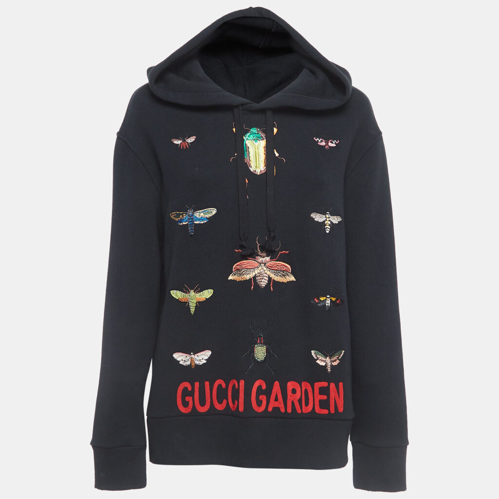luxury-women-gucci-used-clothes-p918736-001 Gucci Black Garden Insects Embroidered Cotton Hoodie XS