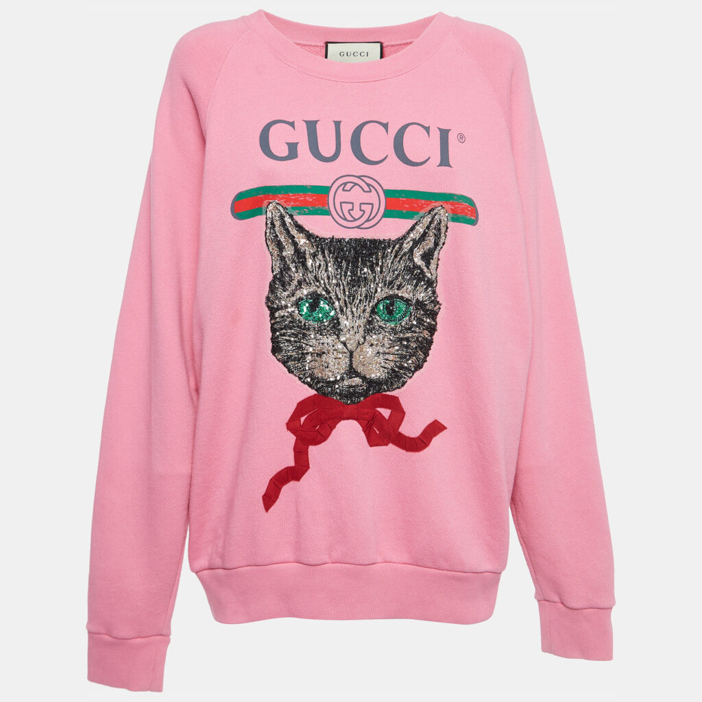 luxury-women-gucci-used-clothes-p920573-002 Gucci Pink Mystic Cat Logo Print Cotton Sweatshirt M