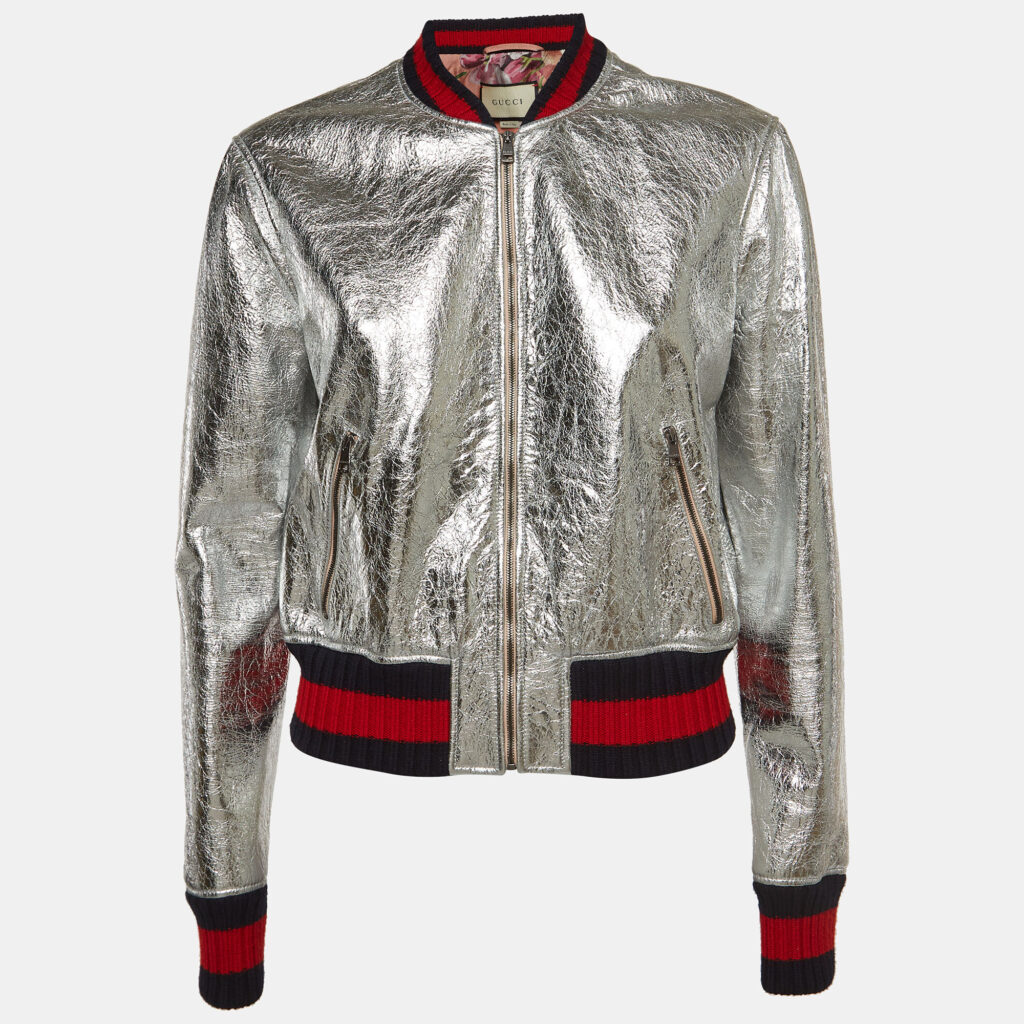 luxury-women-gucci-used-clothes-p921184-003 Gucci Silver Metallic Crinkle Leather Bomber Jacket L
