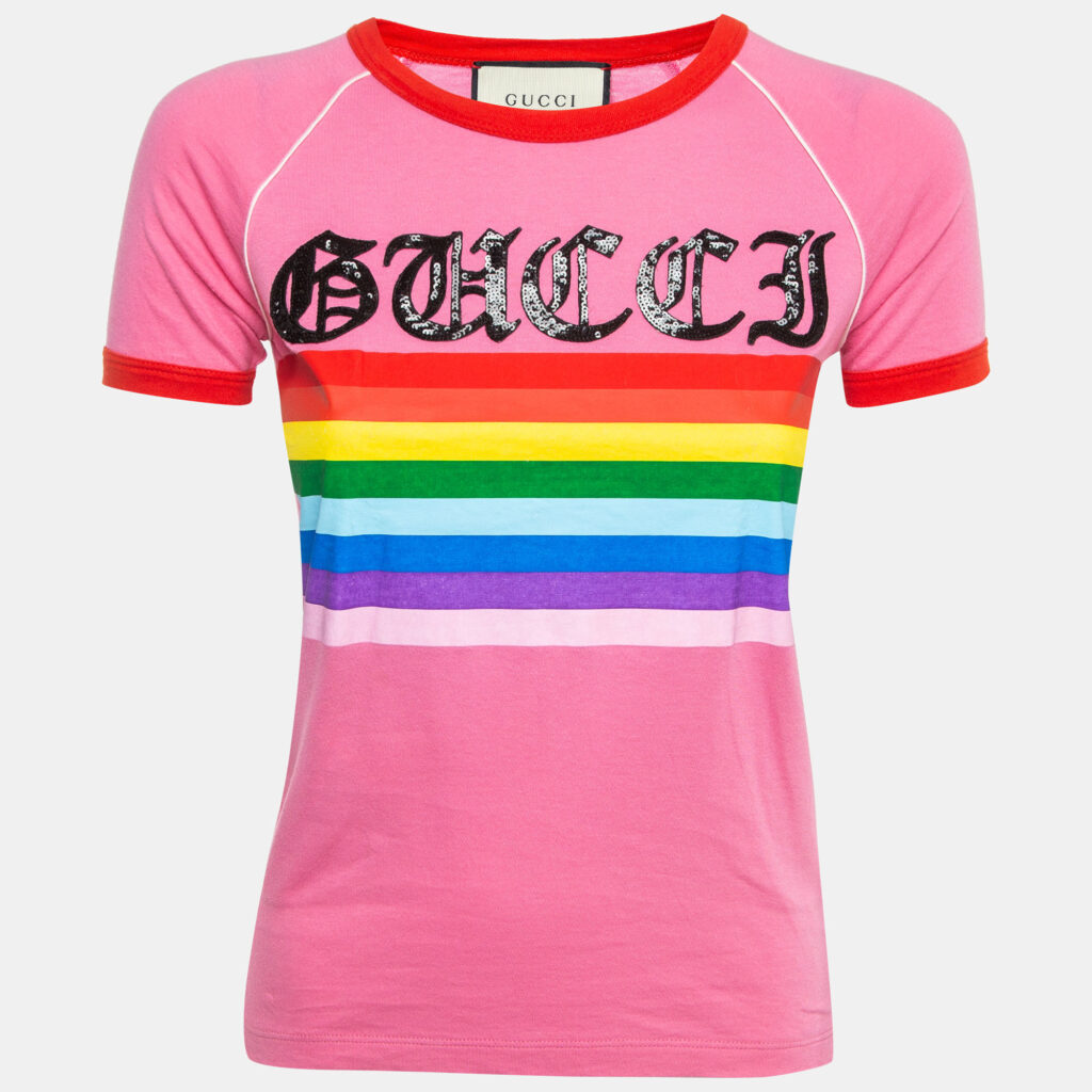 luxury-women-gucci-used-clothes-p922069-006 Gucci Pink Rainbow Print Cotton T-Shirt XS