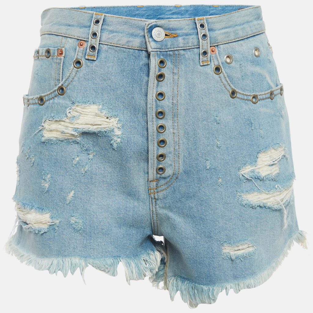 luxury-women-gucci-used-clothes-p923033-002 Gucci Blue Distressed Denim Embellished Shorts M Waist 29"