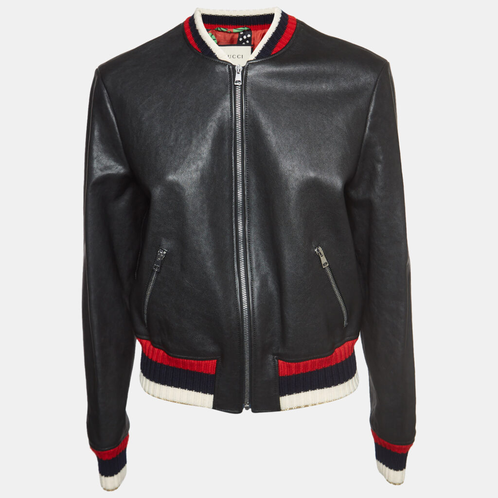 luxury-women-gucci-used-clothes-p930892-002 Gucci Black Blind For Love Embroidered Leather Bomber Jacket L