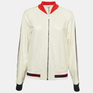 Gucci Cream Logo Print Leather Perforated Detail Bomber Jacket L