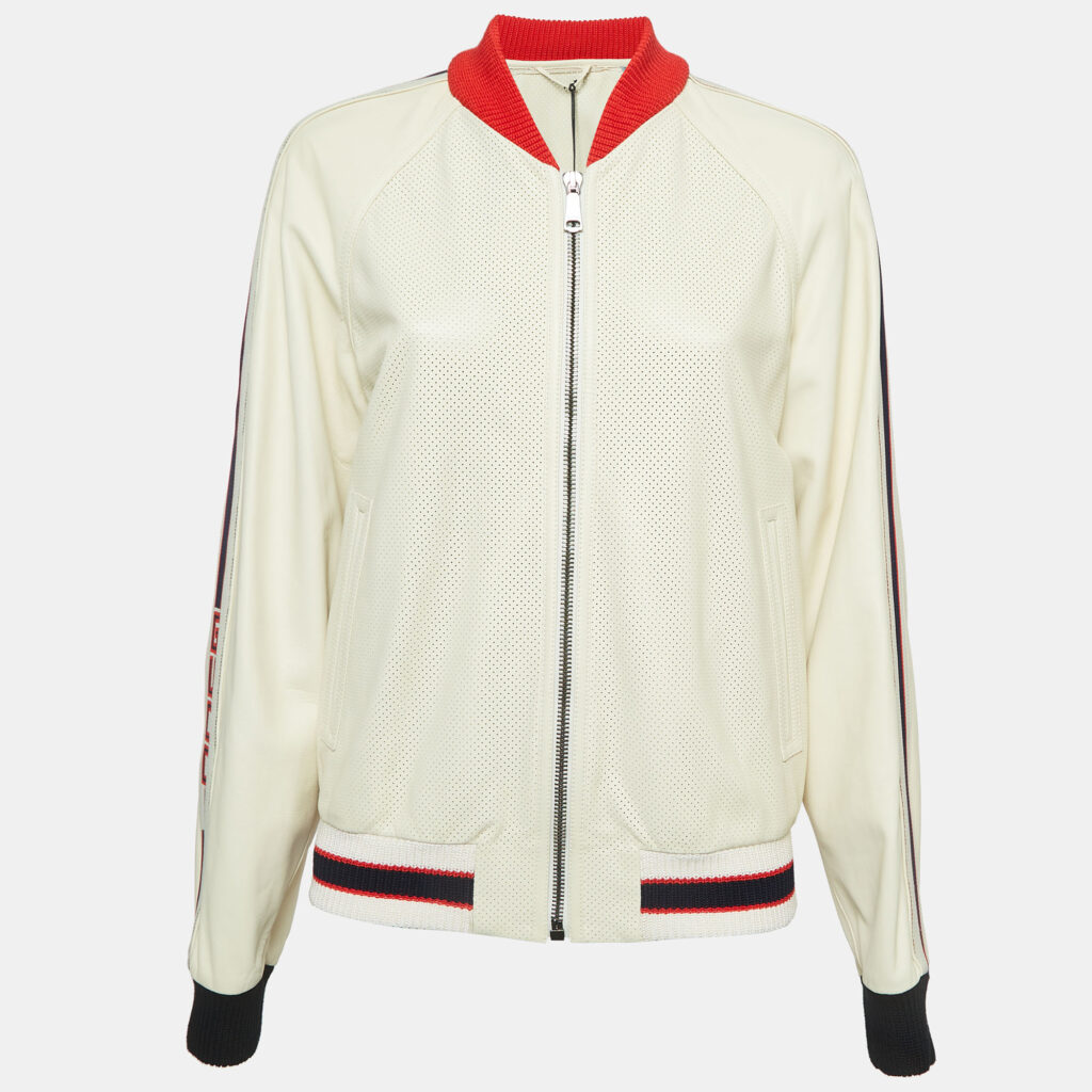 luxury-women-gucci-used-clothes-p930965-001 Gucci Cream Logo Print Leather Perforated Detail Bomber Jacket L