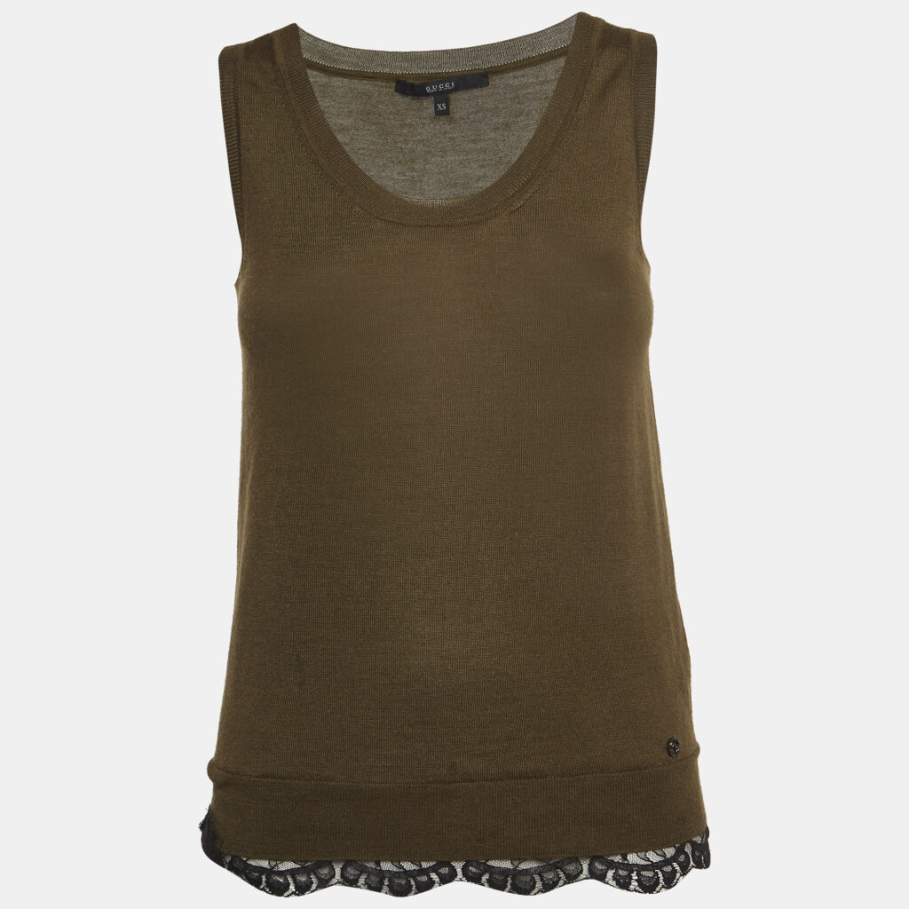 luxury-women-gucci-used-clothes-p934034-006 Gucci Olive Green Knit Lace Trimmed Sleeveless Top XS
