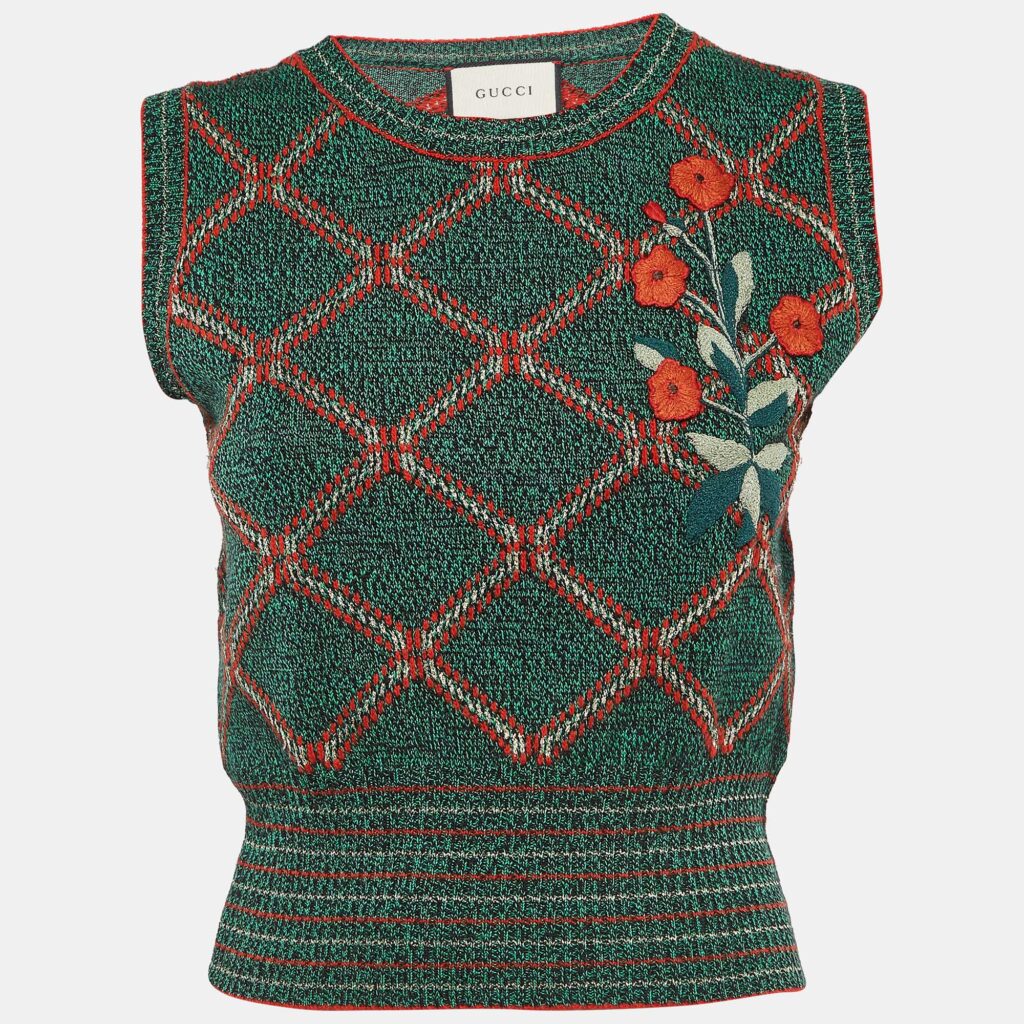 luxury-women-gucci-used-clothes-p949602-006 Gucci Green Embroidered Wool Blend Pullover Vest XS