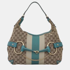 Gucci Blue, Brown Leather, Canvas Oversized Horsebit Hobo Bag