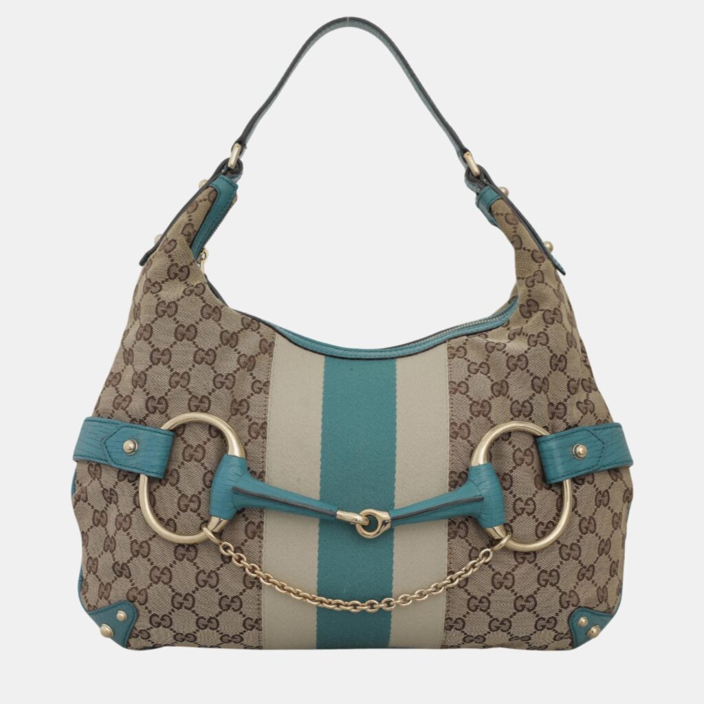 luxury-women-gucci-used-handbags-p1054932-001 Gucci Blue, Brown Leather, Canvas Oversized Horsebit Hobo Bag