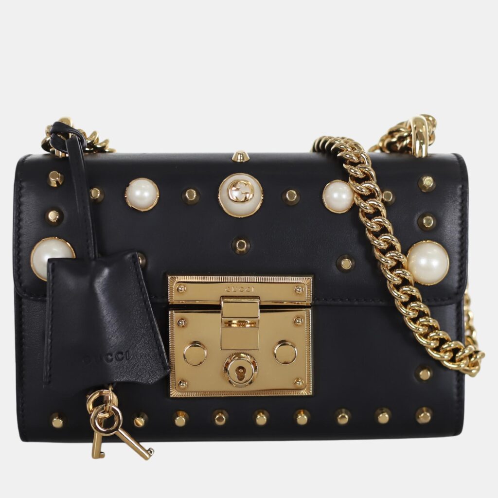 luxury-women-gucci-used-handbags-p1055061-008 Gucci Black Calfskin Studded Small Padlock Shoulder Bag