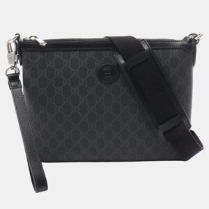 Gucci Black Grey Coated Canvas Leather Interlocking G GG Supreme Shoulder Bag