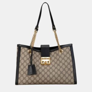 Gucci Beige Black PVC Leather GG Supreme Padlock Chain Shoulder Bag